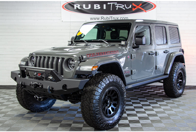 Driver side corner picture of this 2020 Jeep Wrangler Unlimited Rubicon JL Hellcat HEMI Sting Gray