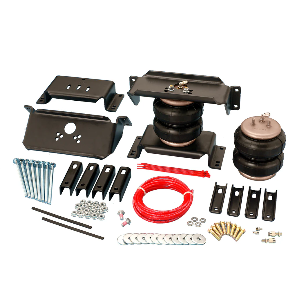 FRS-2598 Helper Spring Kit; Ride-Rite ™; Air Spring; Frame Mount; 3200 to 5000 Pound Leveling Capacity; Adjustable from 5 to 100 PSI; Rubber; Includes Air Springs/Brackets/Air Line/Hardware; Air Compressor Sold Separately
